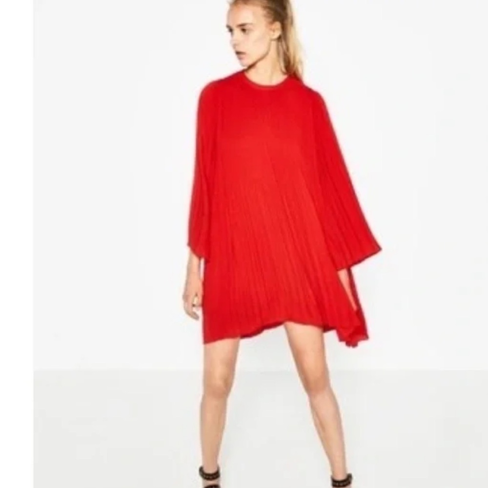 Zara SZ XS red pleated chiffon flare mini dress